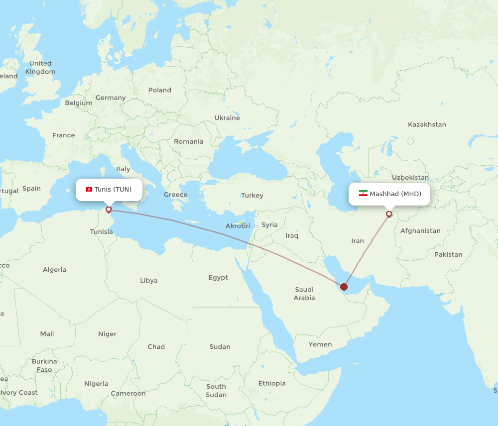 All flight routes from Tunis to Mashad, TUN to MHD - Flight Routes