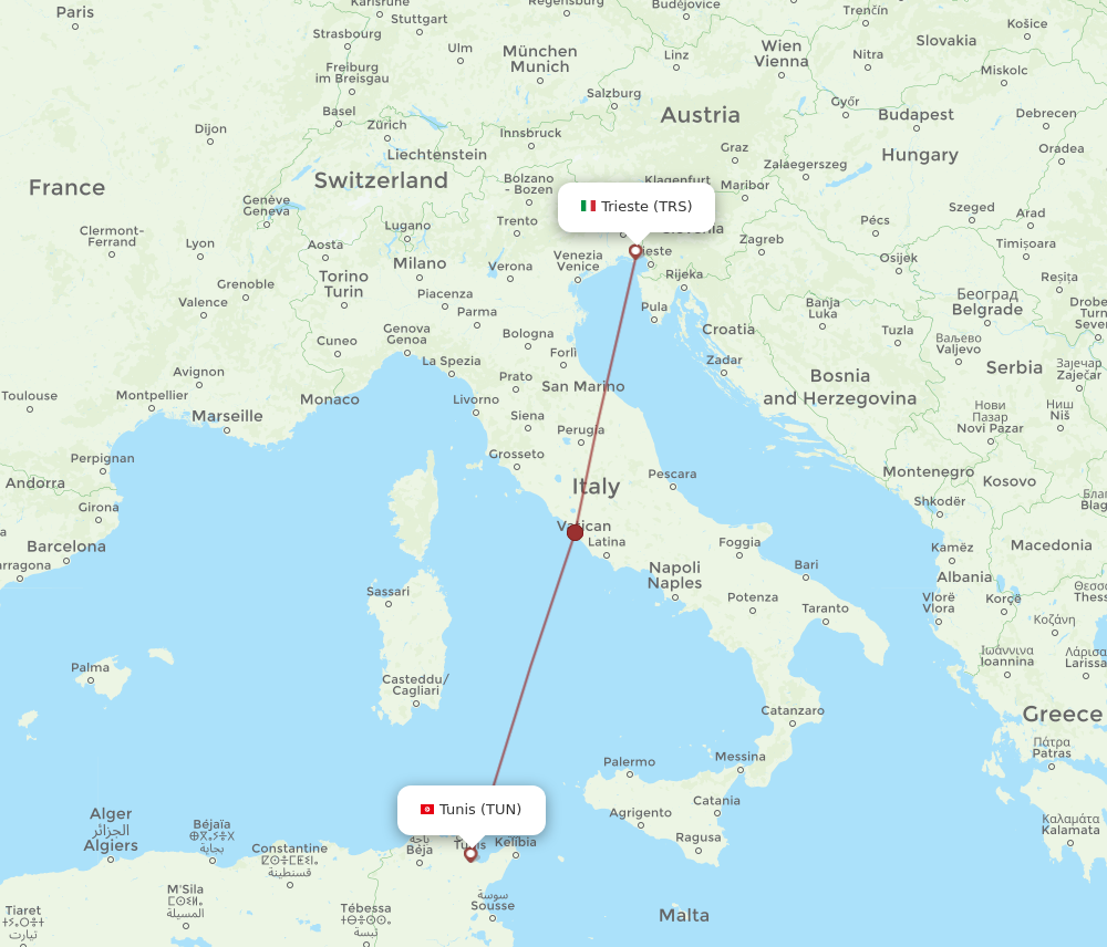 All flight routes from Tunis to Trieste, TUN to TRS - Flight Routes