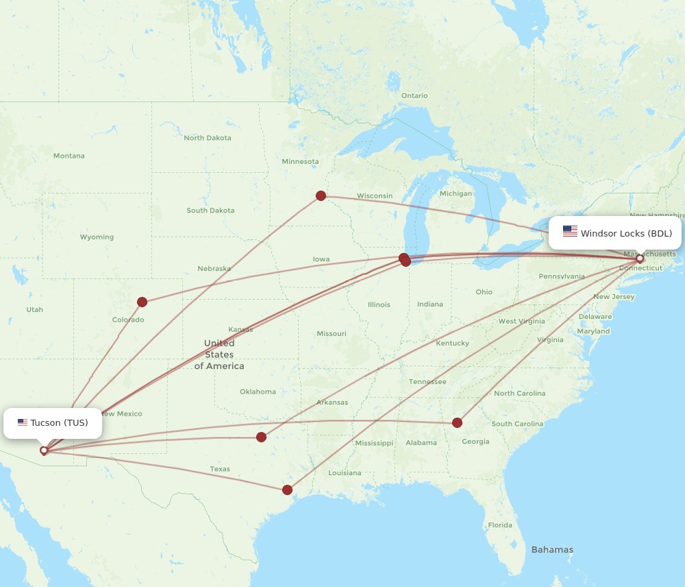 All Flight Routes From Tucson To Hartford, TUS To BDL - Flight Routes