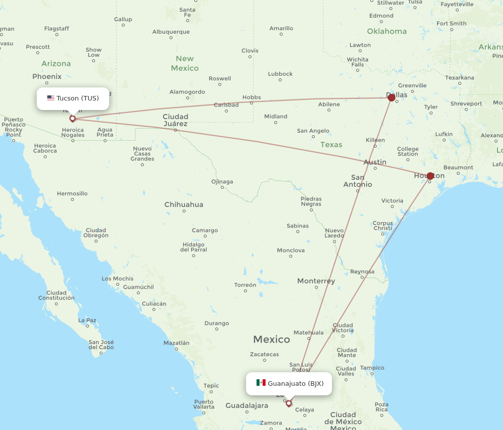 All Flight Routes From Tucson To Leon Guanajuato, Tus To Bjx - Flight 