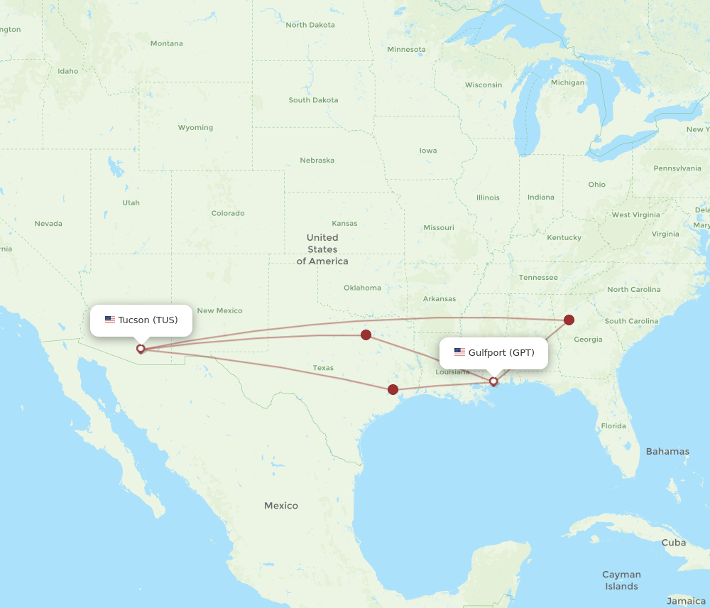 All flight routes from Tucson to Gulfport, TUS to GPT - Flight Routes