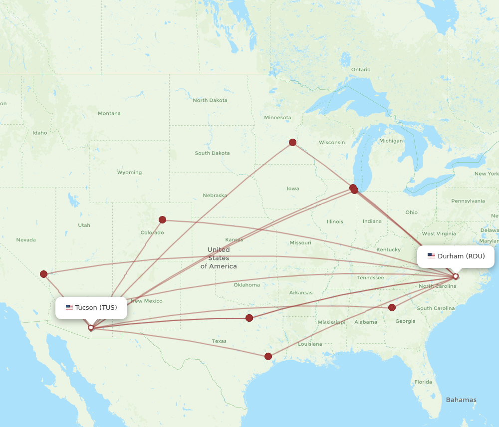 All flight routes from Tucson to Raleigh/Durham, TUS to RDU - Flight Routes