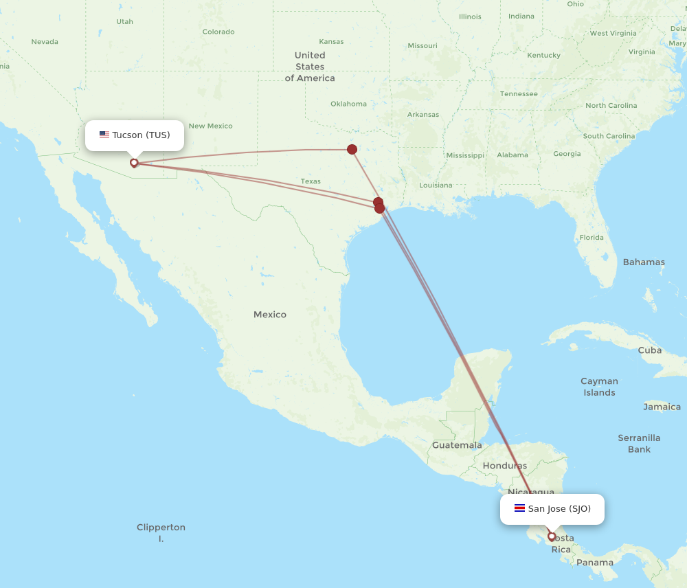 All flight routes from Tucson to San Jose, TUS to SJO - Flight Routes