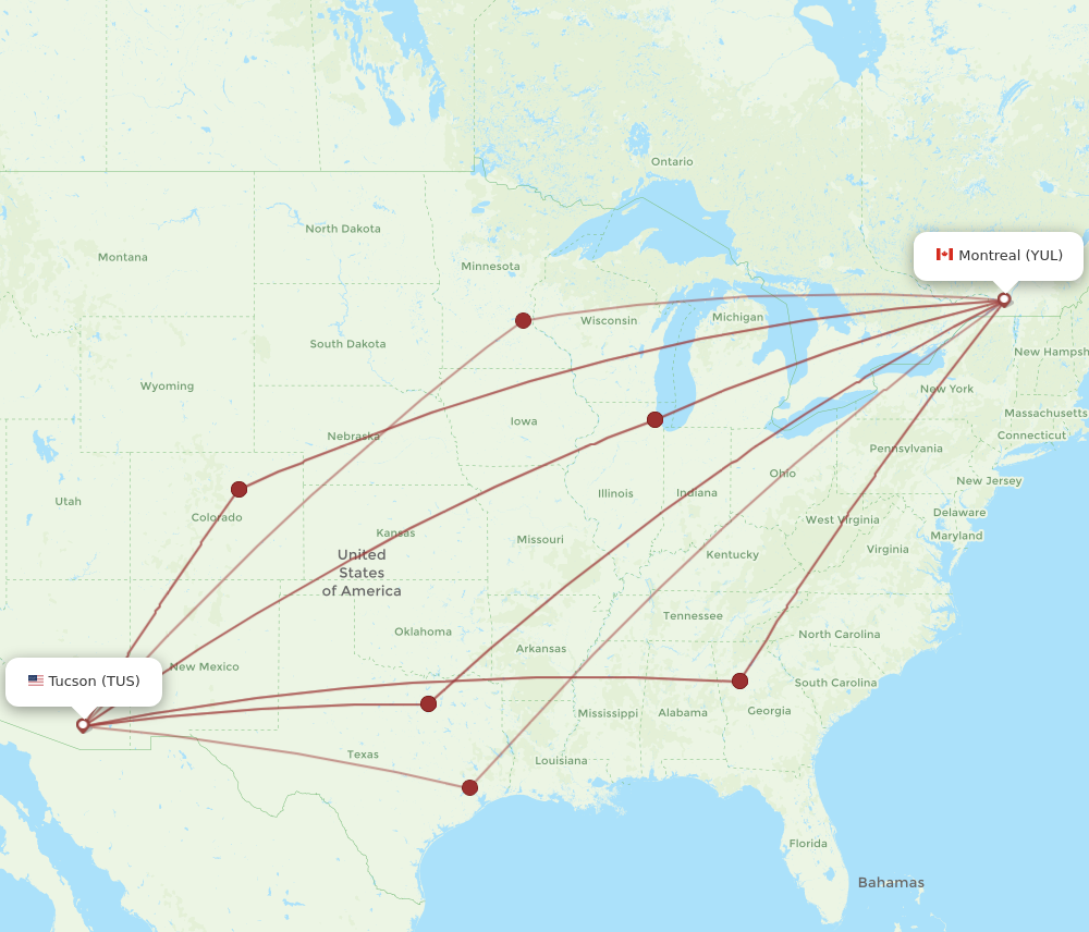 All flight routes from Tucson to Montreal, TUS to YUL - Flight Routes