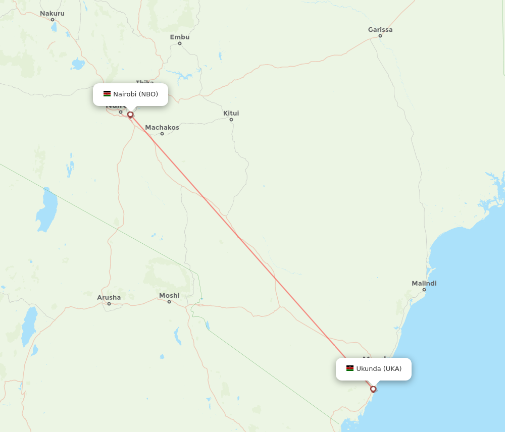 All flight routes from Ukunda to Nairobi, UKA to NBO - Flight Routes