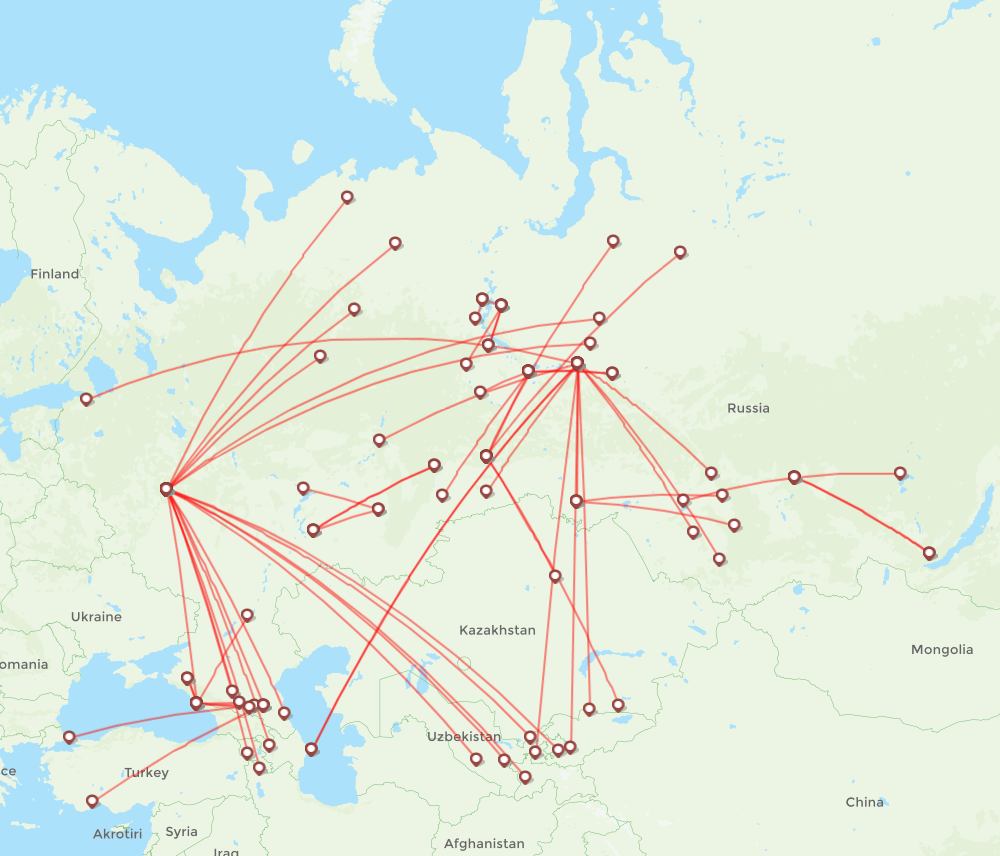 UTair airline routes (UT) 2024, map - Flight Routes