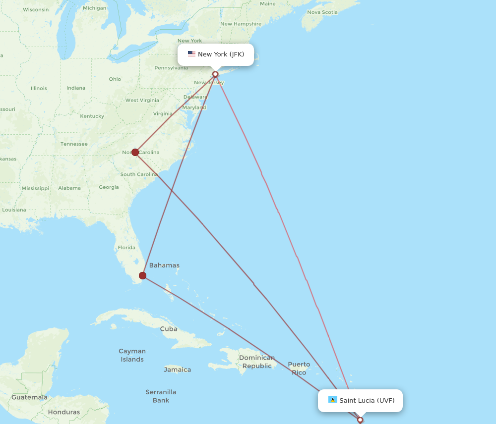 Flights from Saint Lucia to New York UVF to JFK Flight Routes