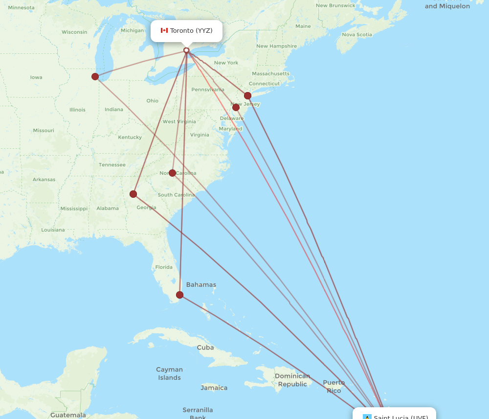 All flight routes from Saint Lucia to Toronto, UVF to YYZ - Flight Routes