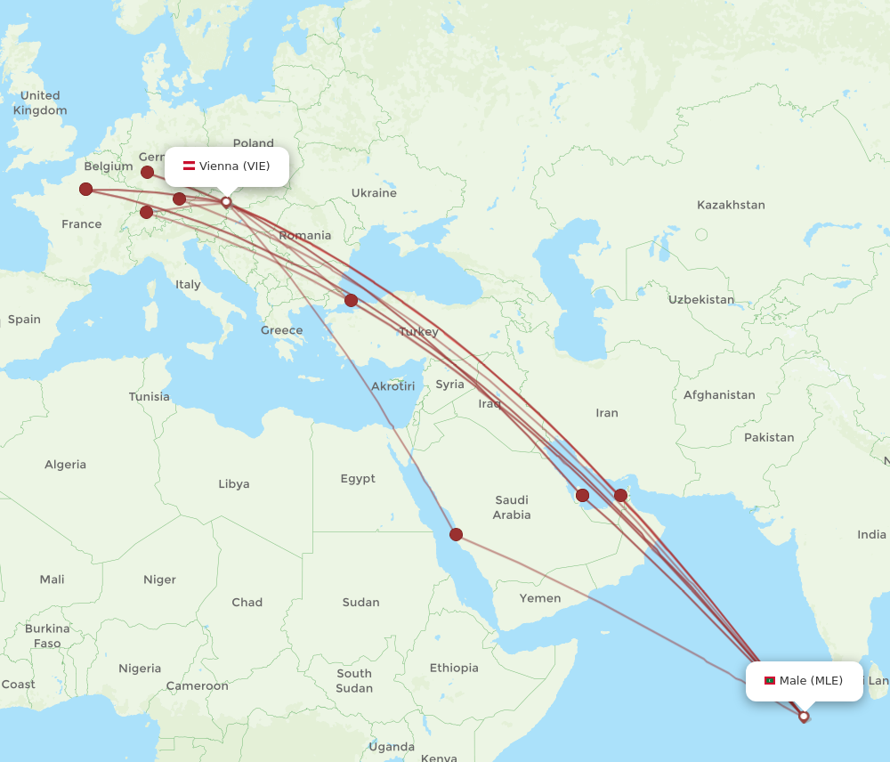 All flight routes from Vienna to Male, VIE to MLE - Flight Routes