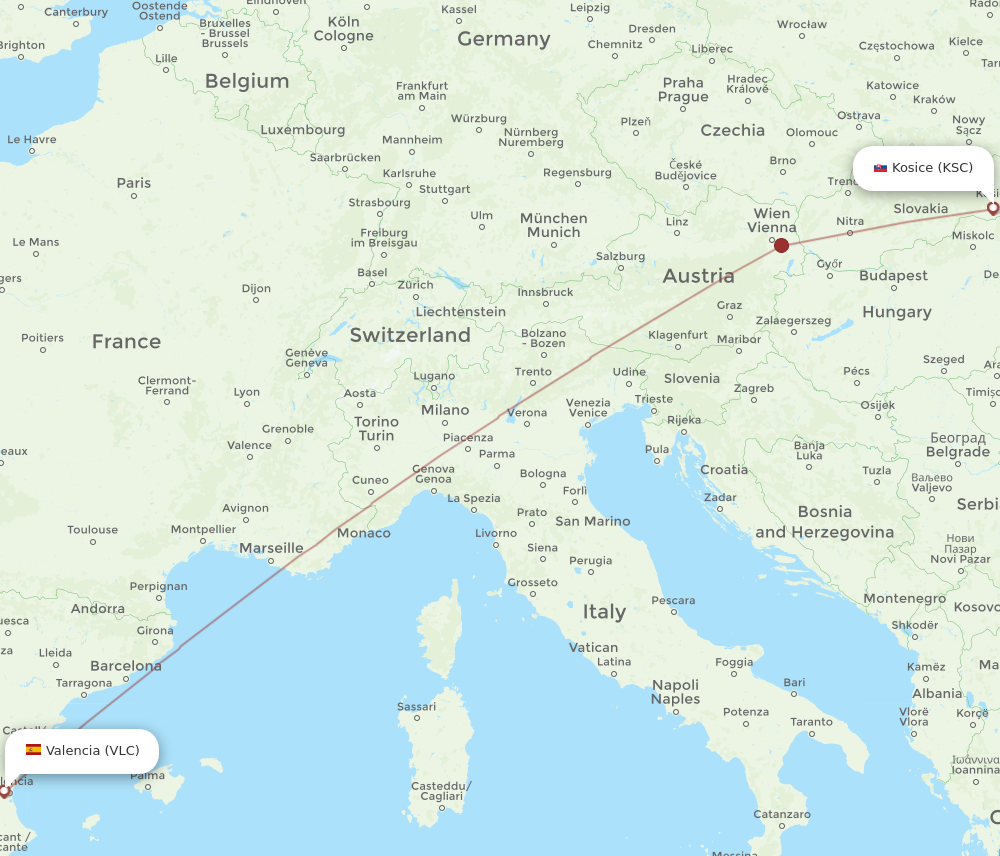 All flight routes from Kosice to Valencia, KSC to VLC - Flight Routes