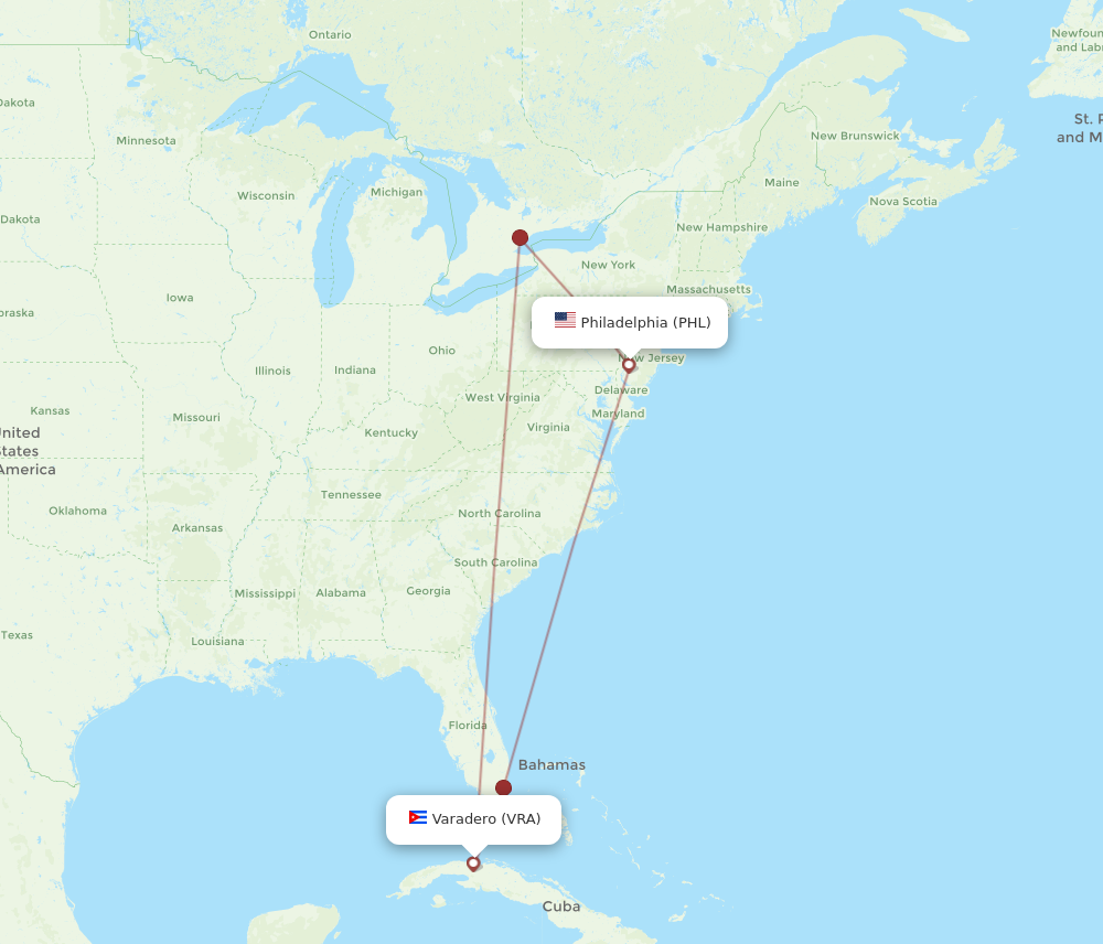 Flights from Varadero to Philadelphia VRA to PHL Flight Routes