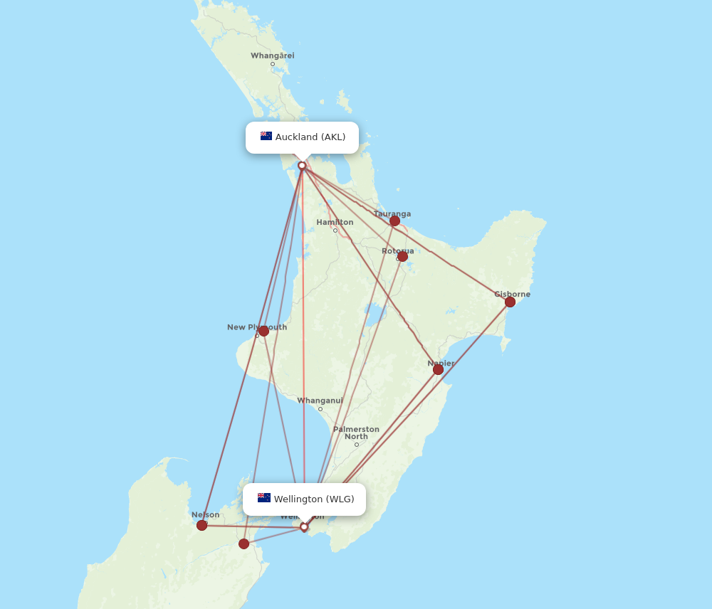 Flights from Wellington to Auckland WLG to AKL Flight Routes