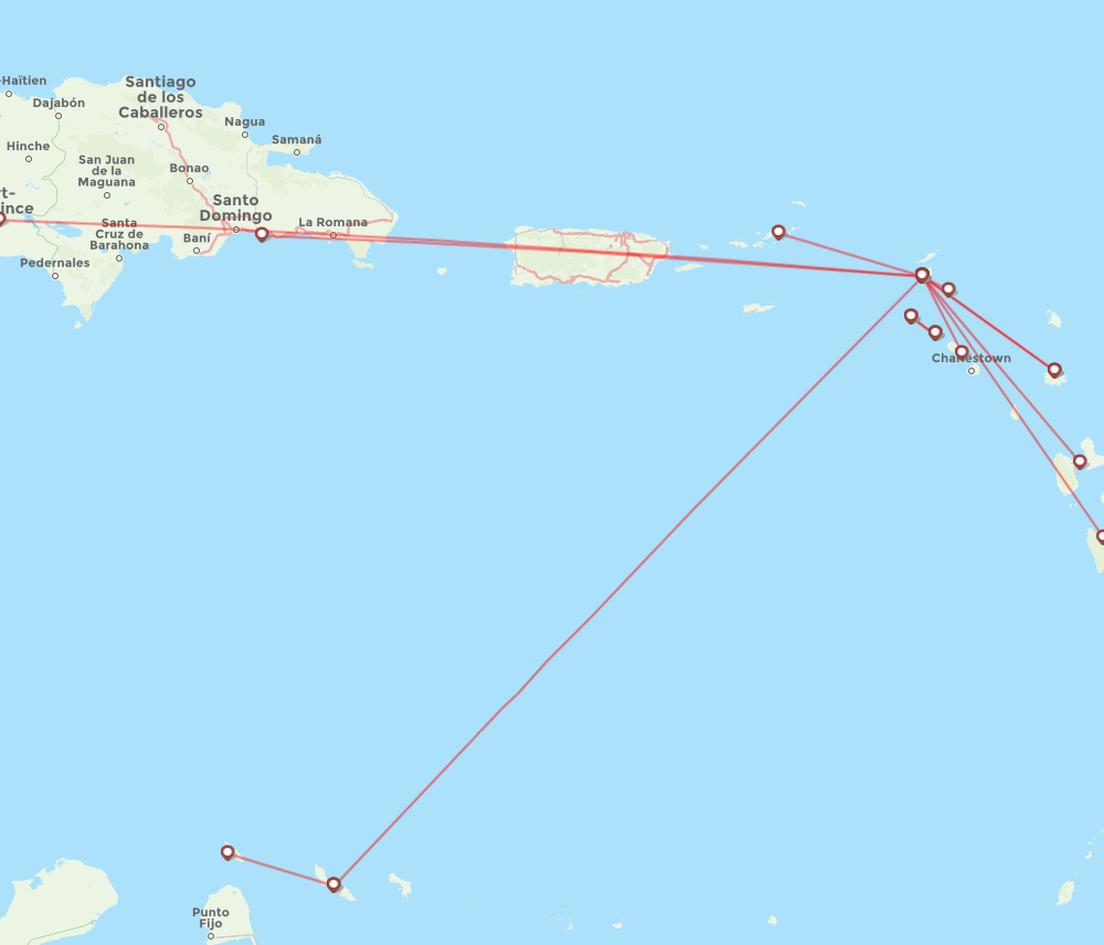 Winair airline routes (WM) 2024, map - Flight Routes