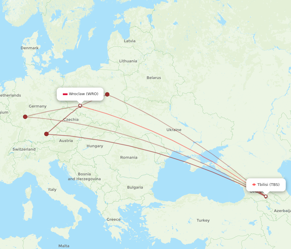 All flight routes from Wroclaw to Tbilisi, WRO to TBS - Flight Routes