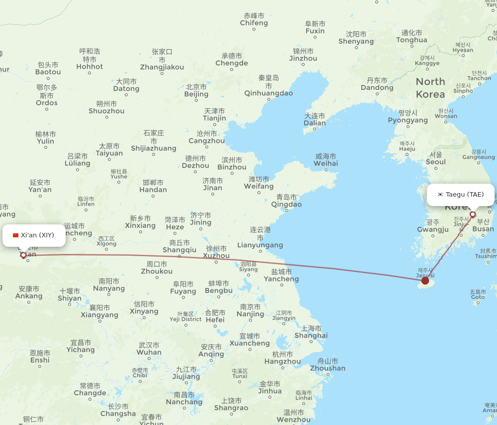 TAE to XIY flights and routes map