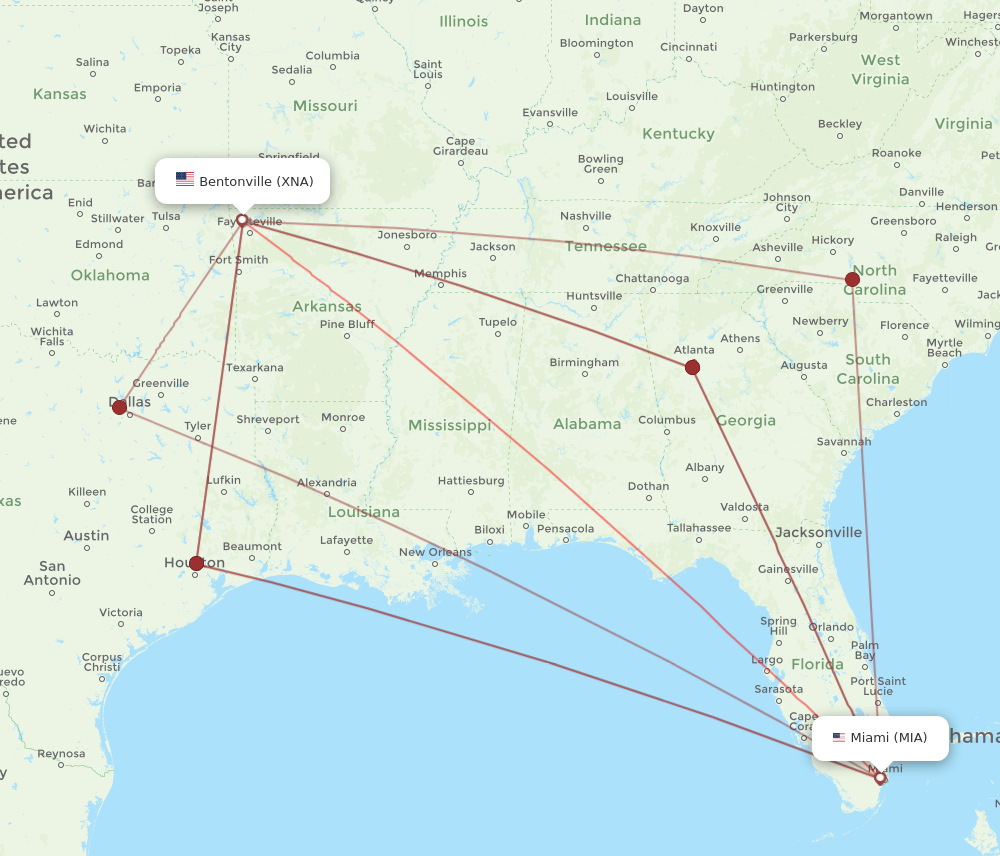 Flights from Bentonville to Miami XNA to MIA Flight Routes