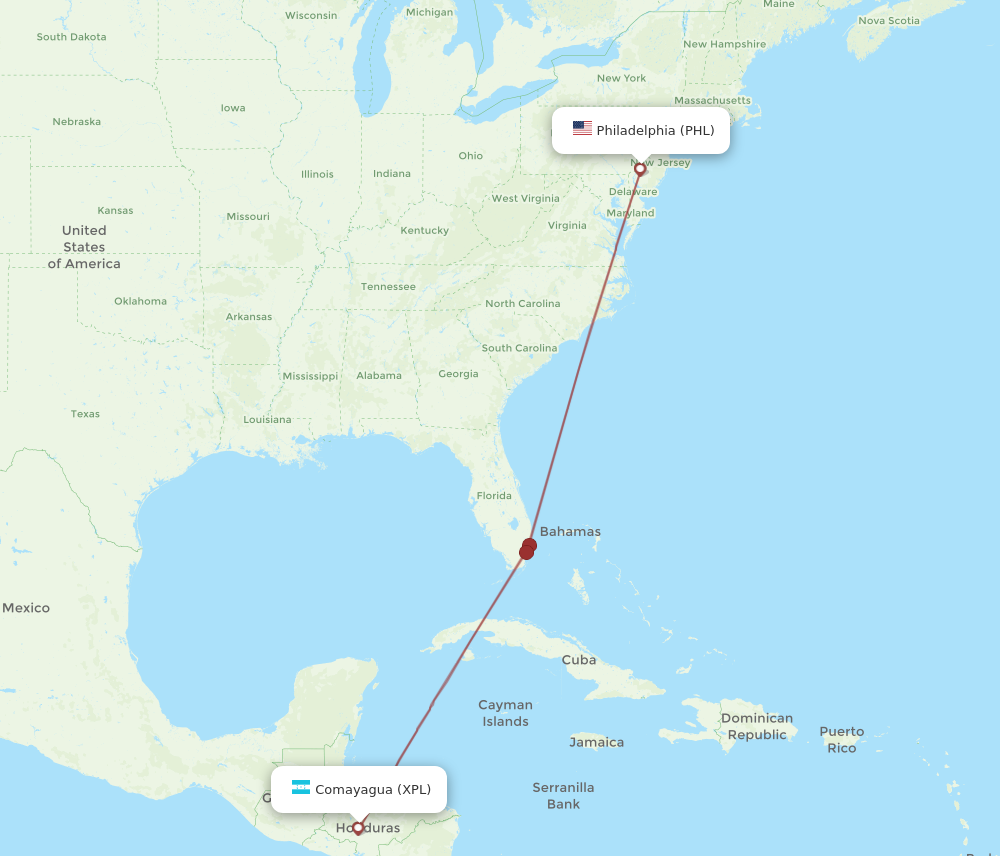 Flights from Comayagua to Philadelphia XPL to PHL Flight Routes