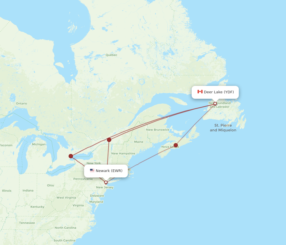 Flights from Deer Lake to New York YDF to EWR Flight Routes