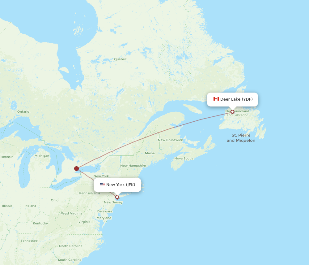 Flights from Deer Lake to New York YDF to JFK Flight Routes