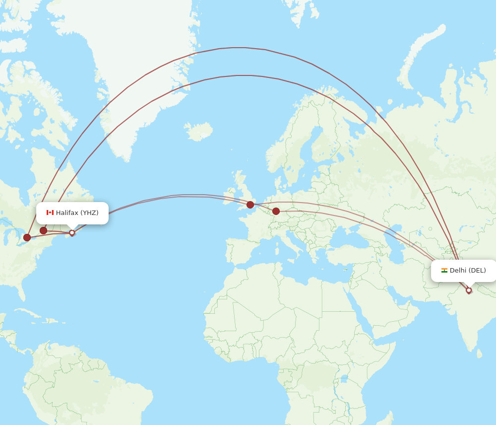 All flight routes from Halifax to Delhi, YHZ to DEL - Flight Routes