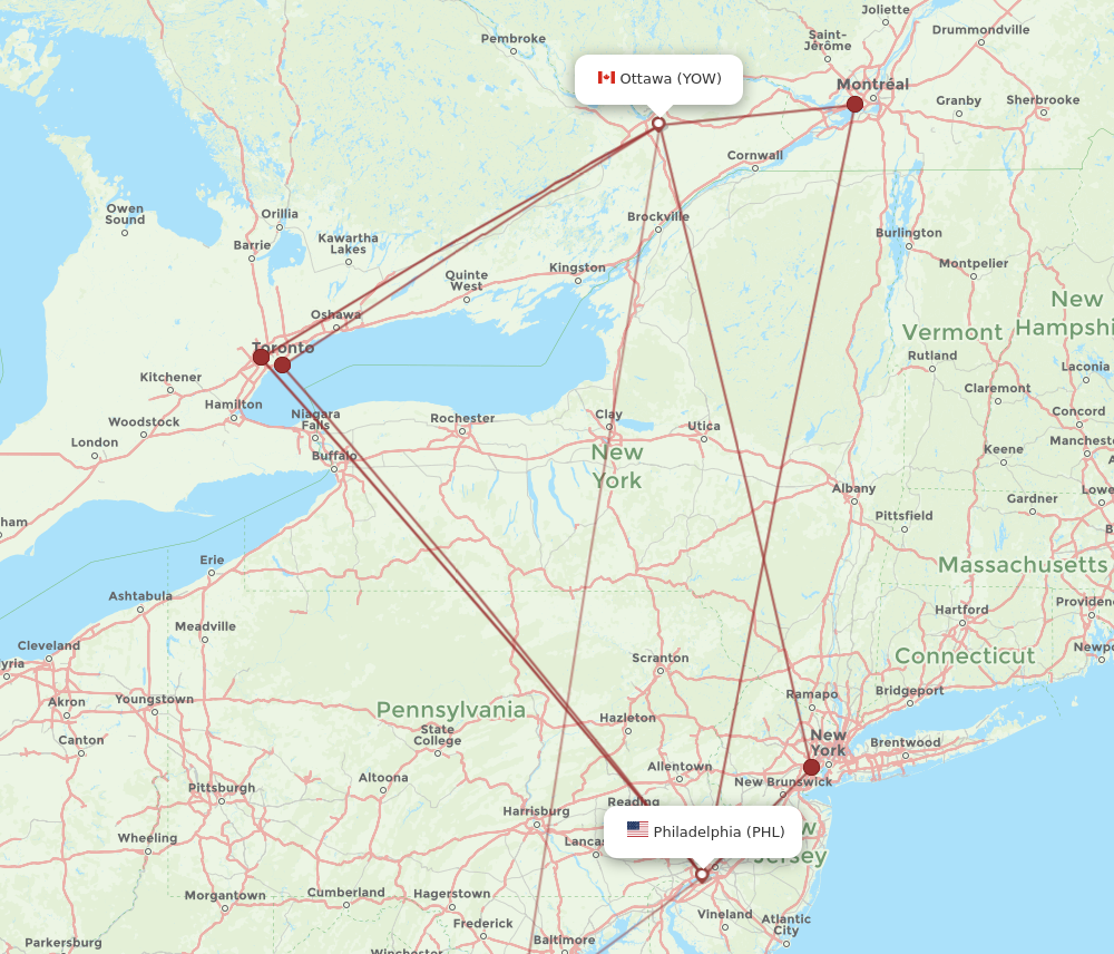 Flights from Ottawa to Philadelphia YOW to PHL Flight Routes