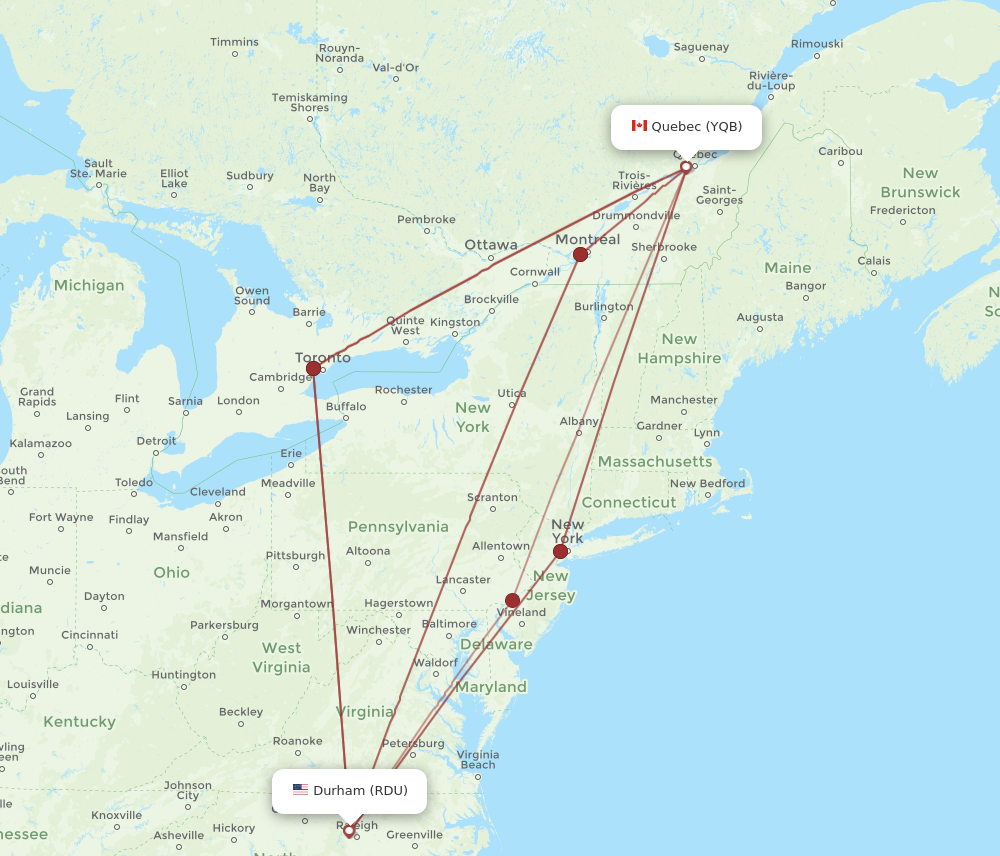 Flights from Quebec to Raleigh Durham YQB to RDU Flight Routes