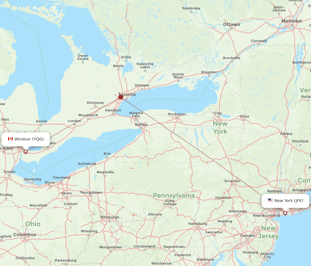 Flights from Windsor to New York YQG to JFK Flight Routes