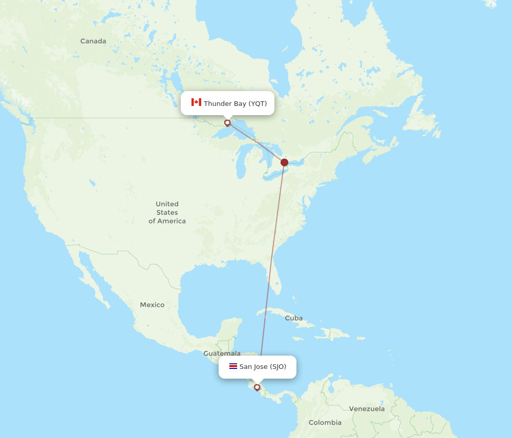 Flights from Thunder Bay to San Jose YQT to SJO Flight Routes