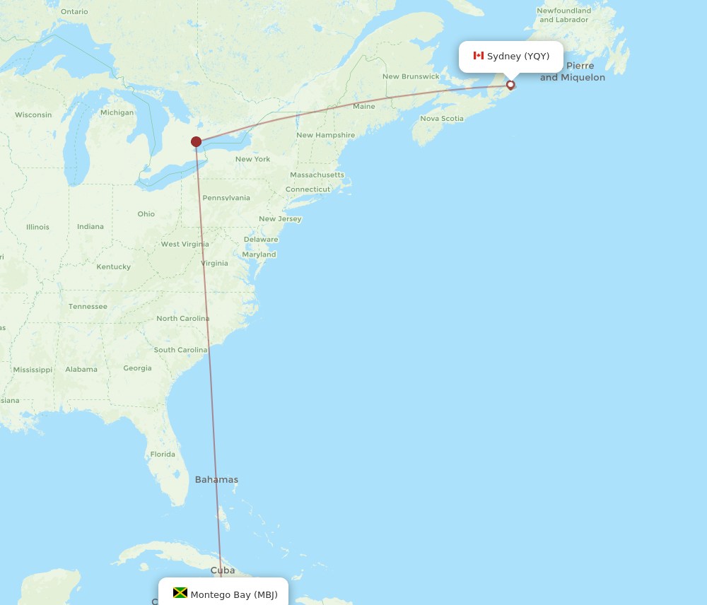 Flights from Sydney to Montego Bay YQY to MBJ Flight Routes