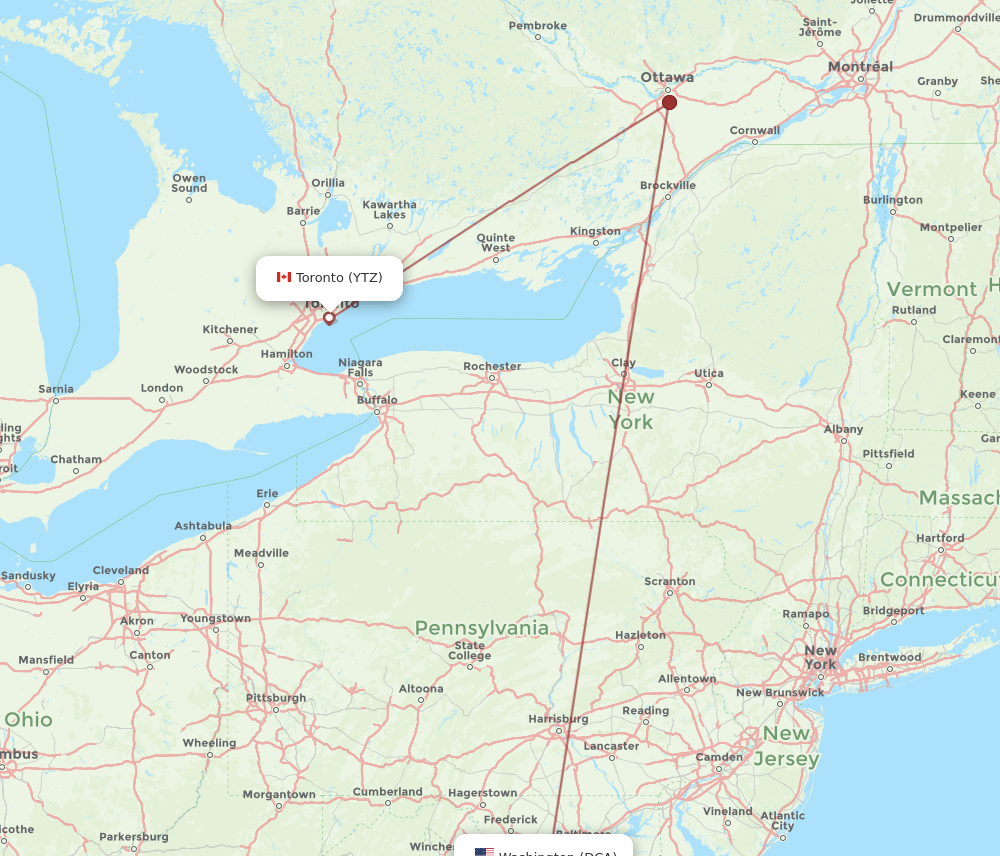 Flights from Toronto to Washington YTZ to DCA Flight Routes