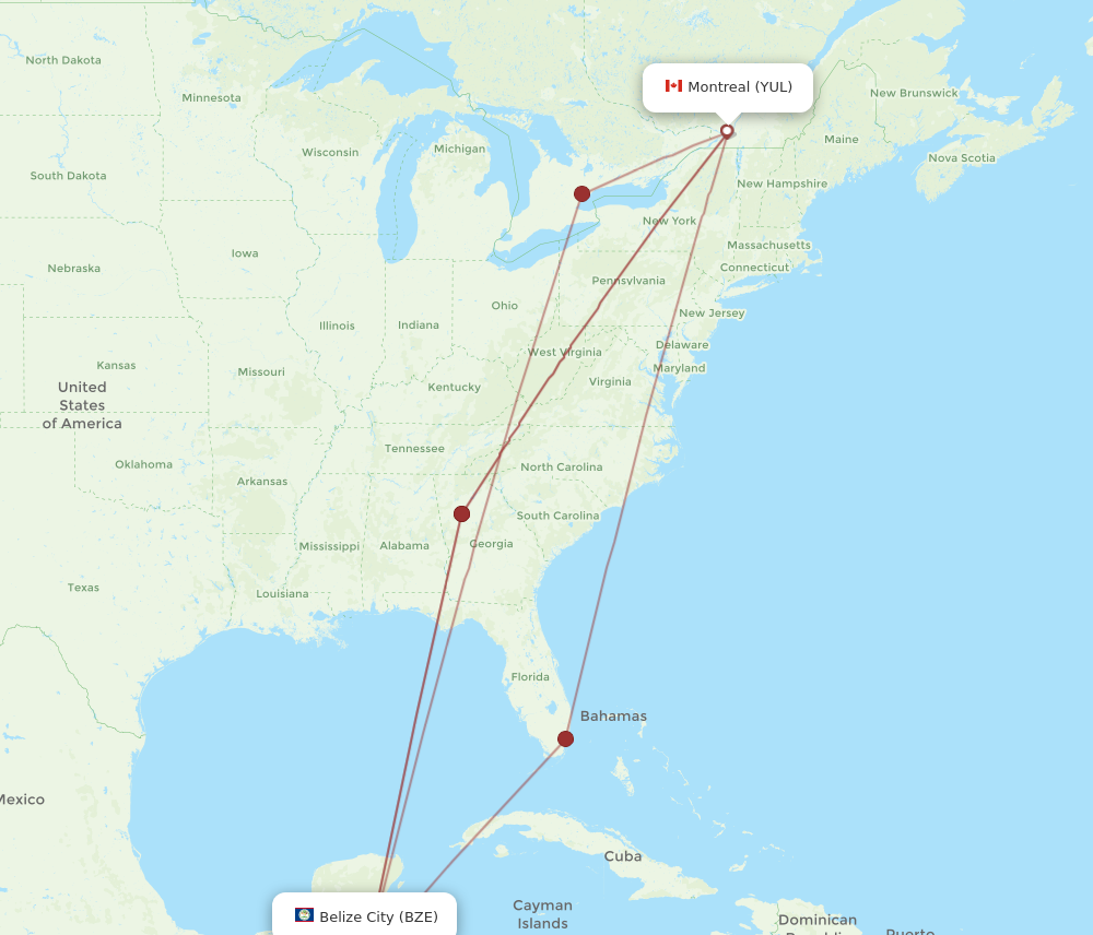 All flight routes from Montreal to Belize City, YUL to BZE - Flight Routes