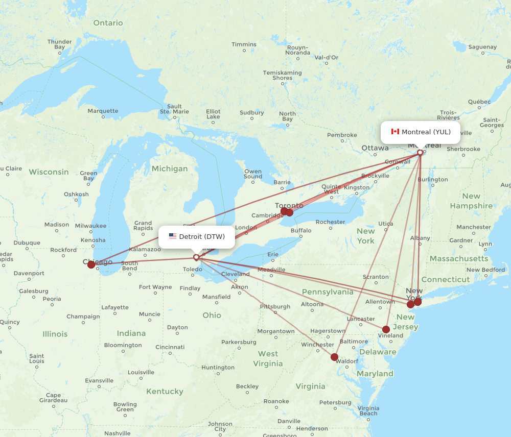 Flights from Montreal to Detroit YUL to DTW Flight Routes