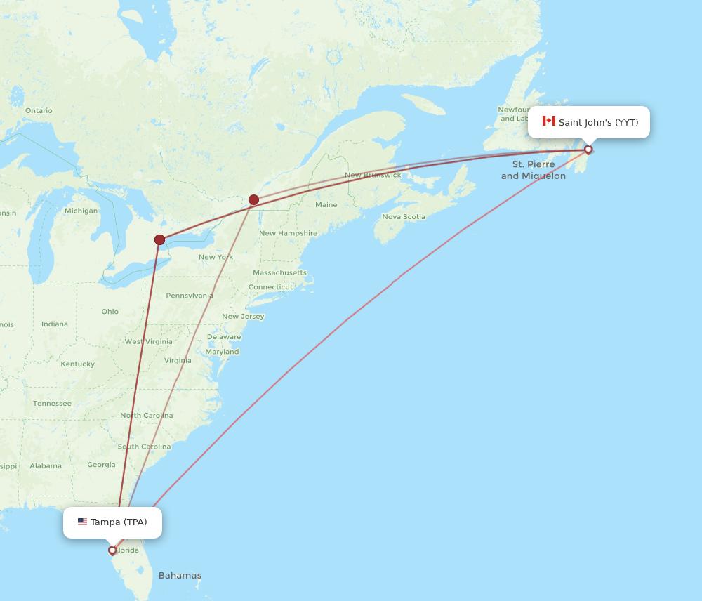 Flights from St. John s to Tampa YYT to TPA Flight Routes