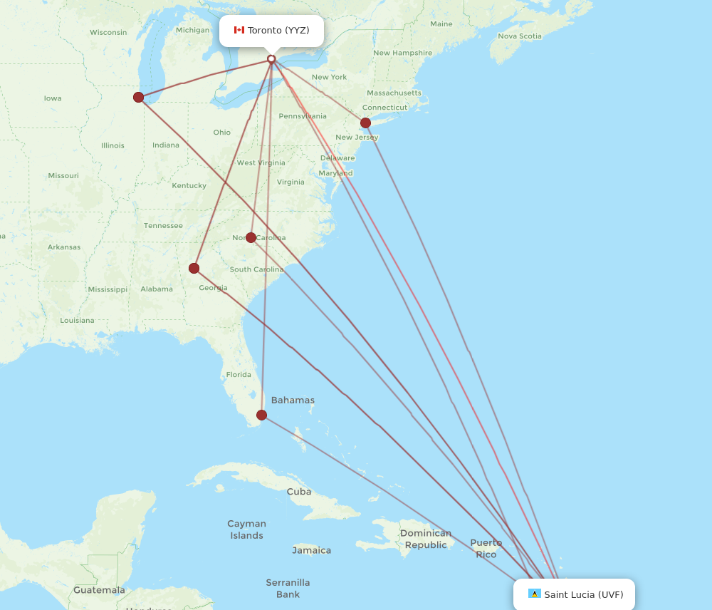 All flight routes from Toronto to Saint Lucia, YYZ to UVF - Flight Routes