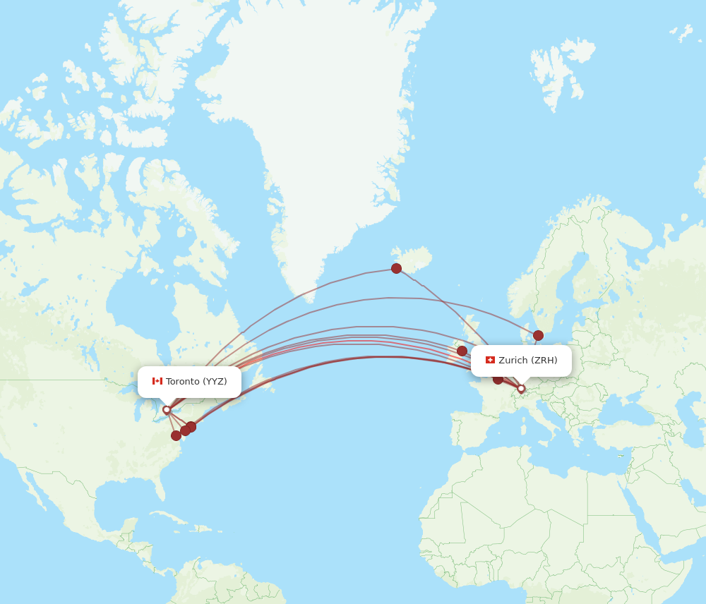 YYZ to ZRH flights and routes map