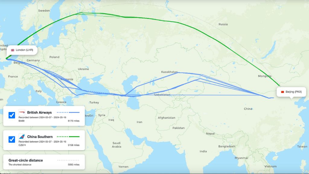 actual flight path london beijing british airways china southern